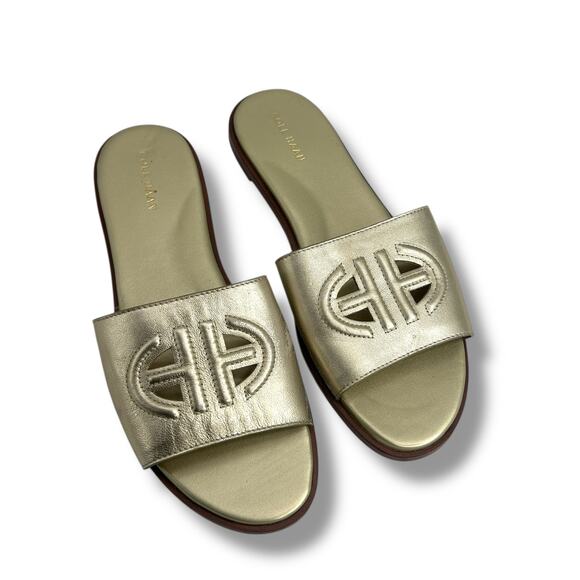 Cole Haan Flynn Logo Slide Sandals Size 10 Metallic Gold Cut out Flats - Picture 2 of 13